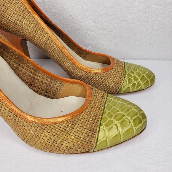 PRADA Woven Color Block Orange Croc Cap Toe Green Leather Trim Pumps Size 37 EU - Picture 4 of 15